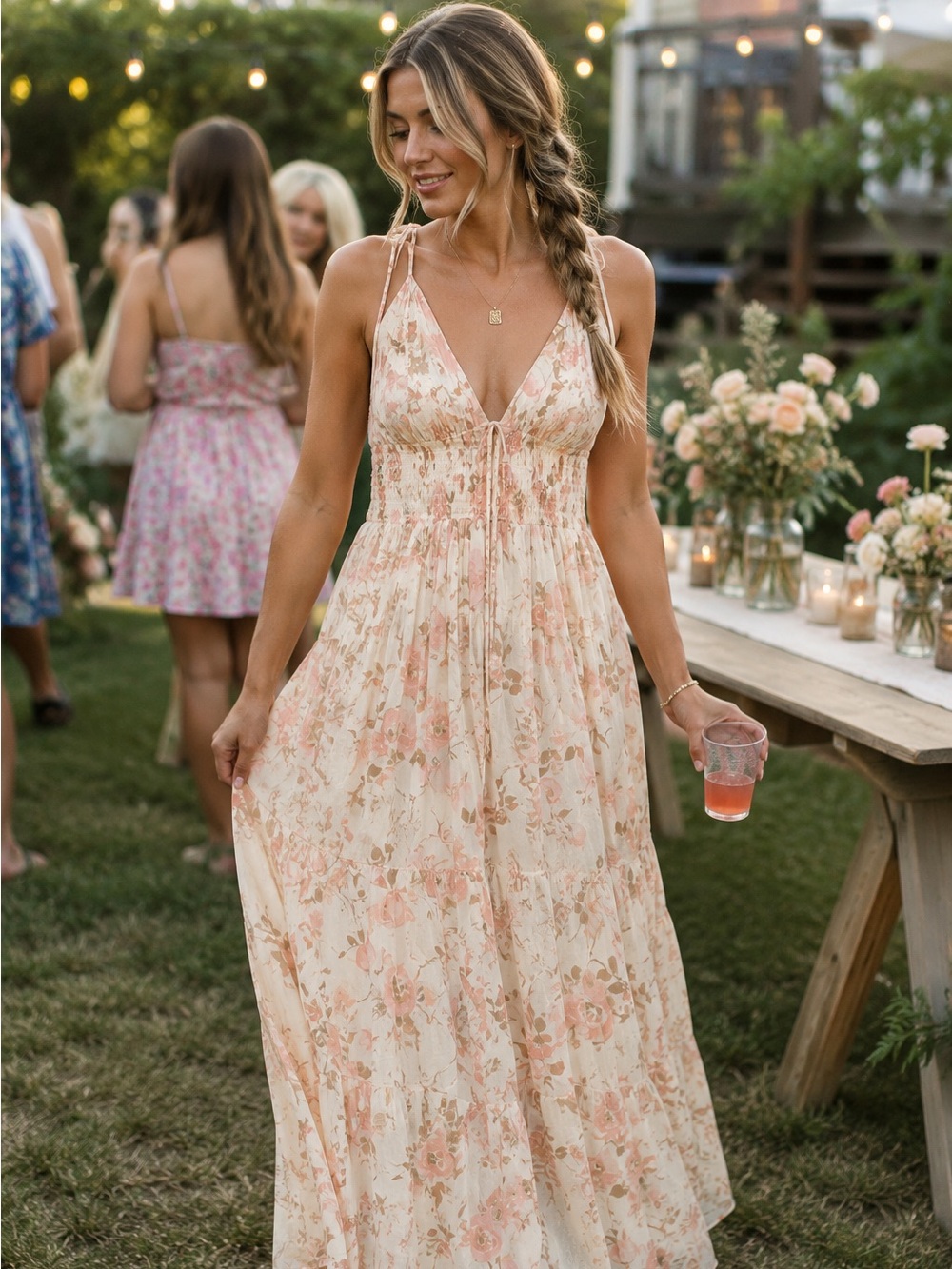 WALLFLOWER Boho Cream Halter Maxi Dress W/Pink Floral Print Size Juniors Small